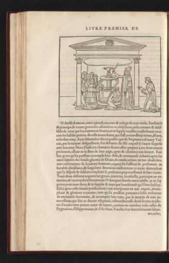 Polia and Poliphilo kneeling on either side of an altar