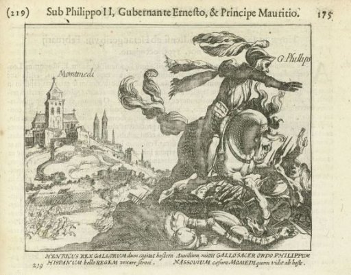 Louis Gunther, Prince of Nassau-Siegen, and Philip, Count of Nassau, fight together with the French King Henry IV at Montmédy, 1595