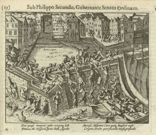 Spanish Fury: inhabitants fleeing into the Scheldt, 1576