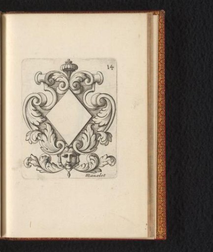 Cartouche with a lozenge-shaped medallion and a mask