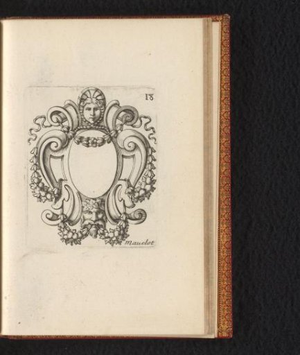 Cartouche with two mascarons and garlands of fruit