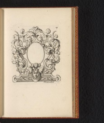 Cartouche with scrollwork and a mask