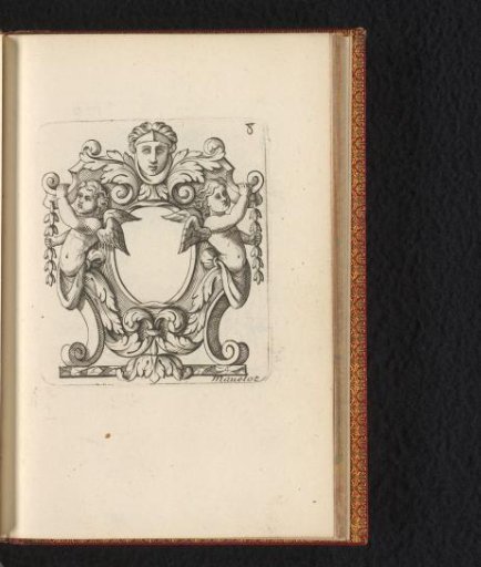 Cartouche with a mask and two putti