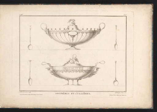 Two soup tureens and four spoons