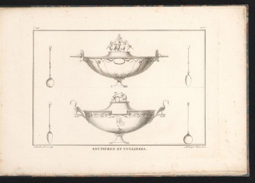Two soup tureens and four spoons
