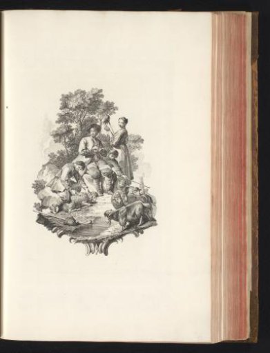 Shepherds shearing a sheep while a woman spins wool