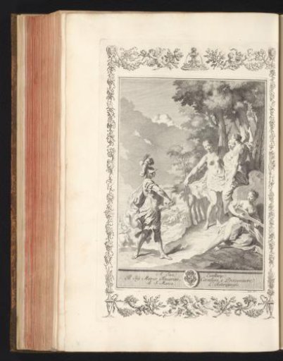 Soldier drawing his sword before four partially naked women