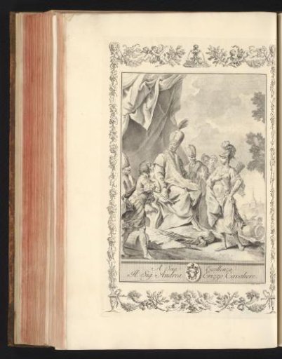 Group of figures at a tent outside a city