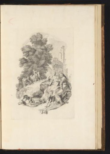 Two men and a dog at a waterfall in front of a ruin