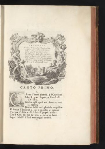 Ornamental border with four women, a dog, a child, and the initial C