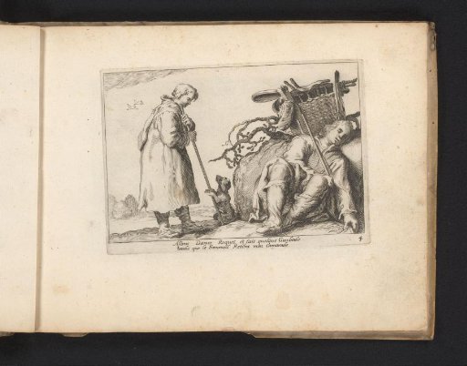 Man with a long stick making a small dog dance while a second man sleeps