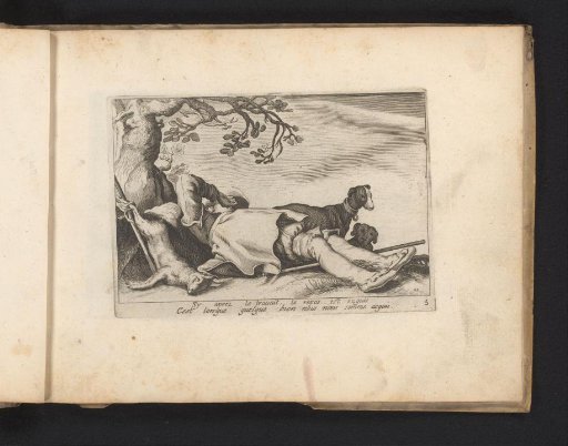 Hunter with two dogs sleeping beside a captured hare