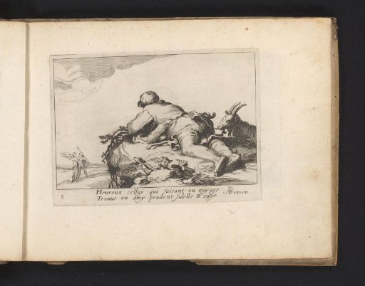 Reclining man with a goat looking at an angel leading another person