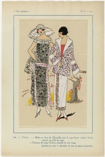 Very Parisian, 1923, No. 6: 14. - TOKYO. - 1. Dress in Chantilly width...