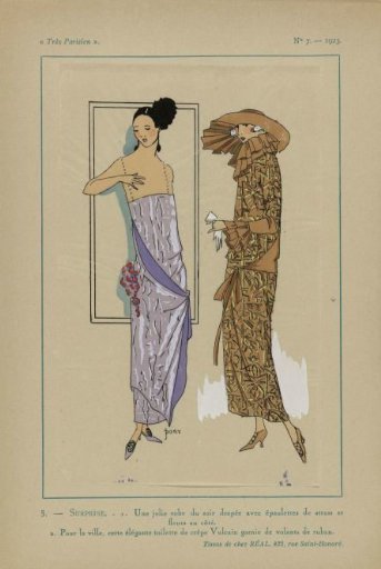 Very Parisian, 1923, No. 7: 5. - SURPRISE. - 1. A pretty evening dress...