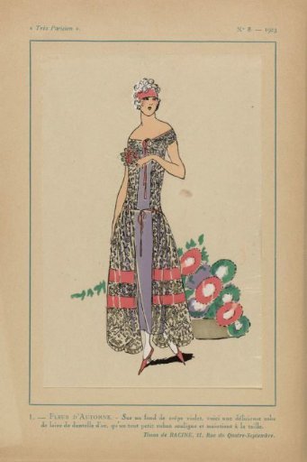 Very Parisian, 1923, No. 8: 1. - AUTUMN FLOWER. / On a background of violet crepe...