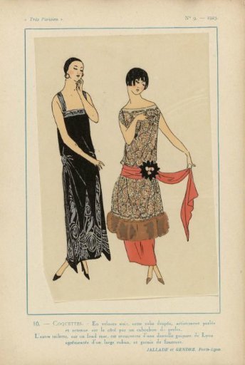Very Parisian, 1923, No. 9: 10 - COQUETTES. - In black velvet, this draped dress,...