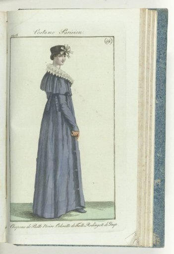 Journal des Dames et des Modes, editie Frankfurt 1 décembre 1806, Costume Parisien (49): Chapeau de Paille Noire. Colerette de Tule. Redingote de Drap.
