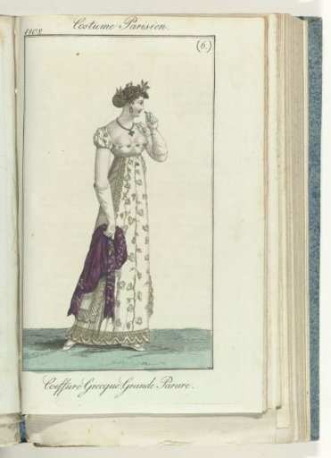 Journal des Dames et des Modes, editie Frankfurt  8 Février 1808, Costume Parisien (6):  Coeffure Grecque. Grande Parure.