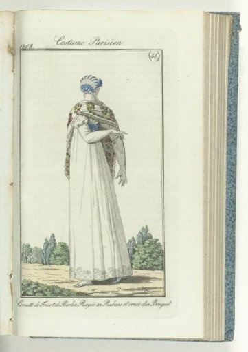 Journal des Dames et des Modes, Frankfurt edition 13 November 1808, Parisian Costume (46): Knitted Cornette of Berlin, Striped with Ribbons and Ornamented with a Bouquet