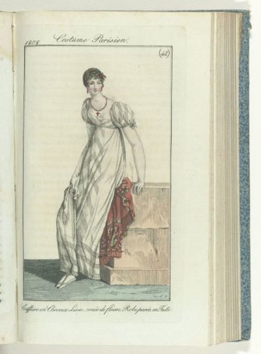 Journal des Dames et des Modes, Frankfurt edition 16 October 1808, Parisian Costume (42): Coiffure of Smooth Hair, Ornamented with Flowers. Decorated Tulle Dress.