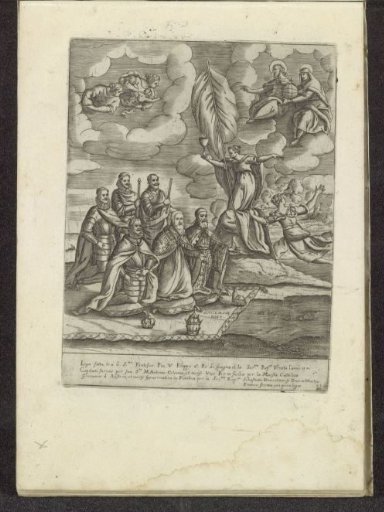 Pius V, Philip II, Alvise I Mocenigo, Sebastiano Vernier, Marcantonio Colonna and Don John of Austria kneeling before the Faith