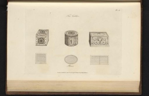 Three tea chests with schematic bottom views