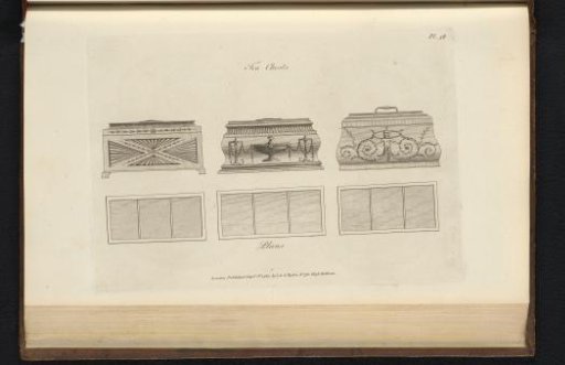 Three supply chests of tea with schematic bottom views