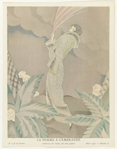 Gazette du Bon Ton 1923, No. 5, Pl. 23: La Femme à l'Émeraude - Tiger Fur Coat by Max-Leroy