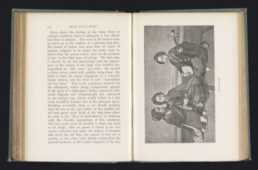 Portrait of three unknown Japanese women making music and drinking tea