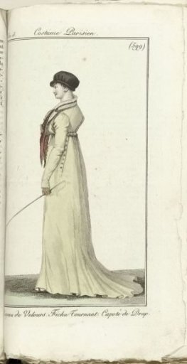 Journal des Dames et des Modes, Costume Parisien, 1805, An 13 (599) Chapeau de Velours. Fichu Tournant. Capote de Drap.