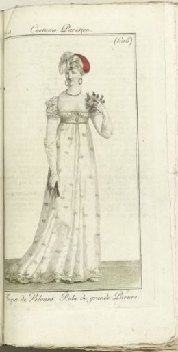 Journal des Dames et des Modes, Costume Parisien, 1805, An 13 (606) Velvet Toque. Robe de Grande Parure