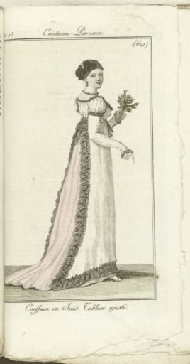 Journal des Dames et des Modes, Parisian Costume, 1805, Year 13 (621) Jet Headdress. Fitted Apron.