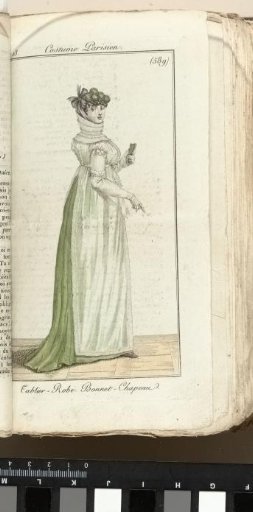 Journal des Dames et des Modes, Costume Parisien, 1805, An 13 (589) Tablier-Robe. Bonnet-Chapeau