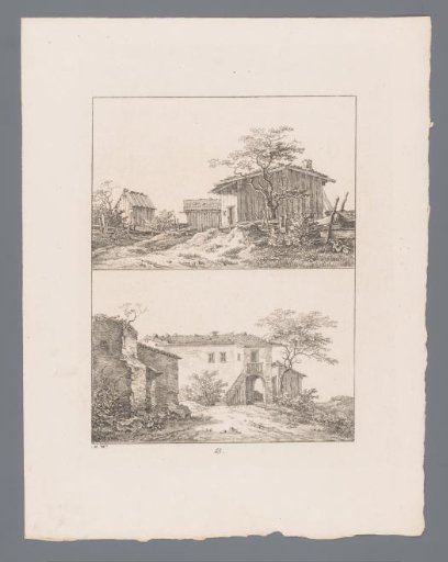 Fences around a wooden shed and a depiction of a dilapidated house