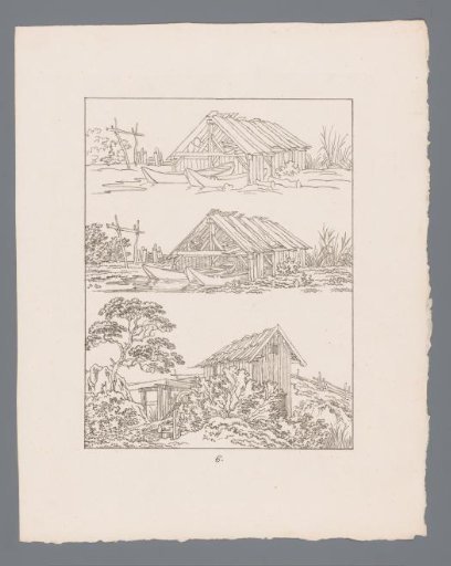 Two boathouses and a shed with a waterwheel