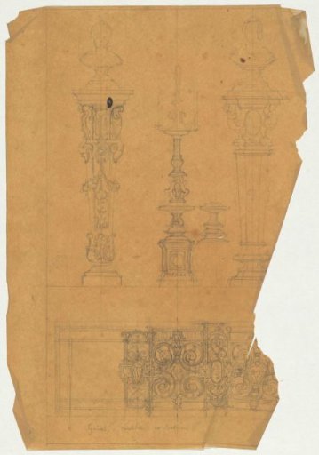 Pedestals, candelabrum, and balcony railing