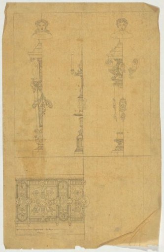 Pedestals, candelabrum, and balcony railing