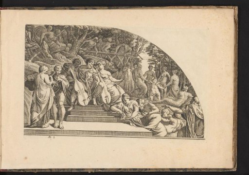 Title print with musical and resting figures