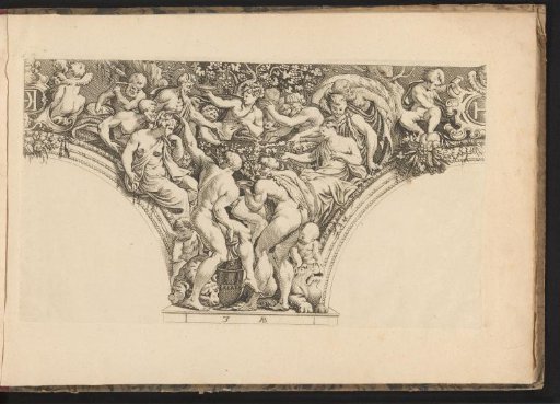 Wine-drinking company with satyrs among vine branches