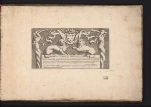 Title print with two lions and two men half-grown into trees