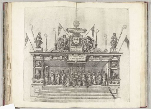 Stage with the empty throne surrounded by virtues and nymphs, 1582
