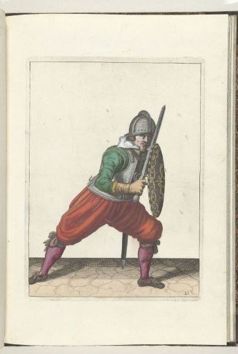 The exercise with shield and spear: the soldier in a defensive stance with one foot forward and his rapier and shield on his knee in front of his body (no. 21), 1618