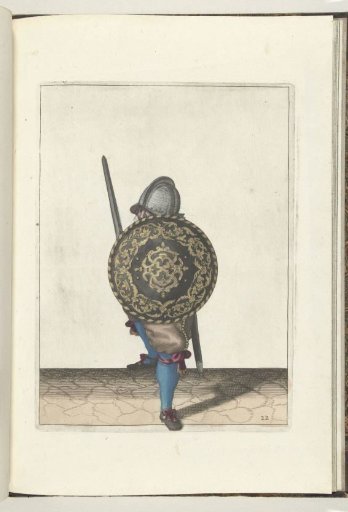 The exercise with shield and spear: the soldier in a defensive stance with one foot forward and his rapier and shield on his knee in front of his body, seen from the front (no. 22), 1618