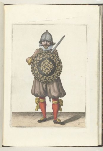 The exercise with shield and spear: the soldier standing at rest with his rapier resting on his left shoulder behind the shield (no. 23), 1618