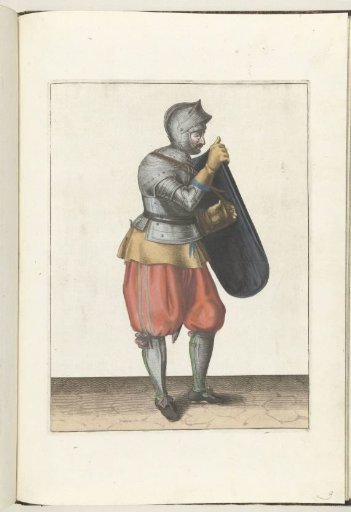 The exercise with the targe and rapier: the soldier holding the targe with the right hand and grasping the strap with the left hand (no. 3), 1618