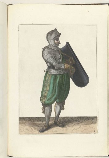 The exercise with the targe and rapier: the soldier holding the targe slightly forward to be able to draw the rapier (no. 4), 1618