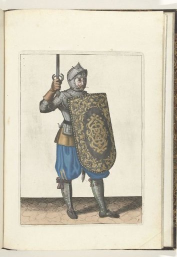The exercise with the targe and rapier: the soldier holding the drawn rapier no higher than his face (no. 5), 1618