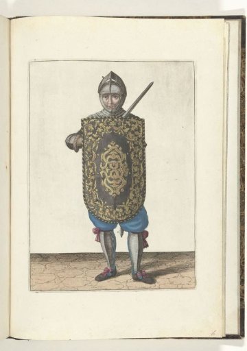 The exercise with the targe and rapier: the soldier holding the targe in front of the chest and the drawn rapier against the left shoulder (no. 6), 1618