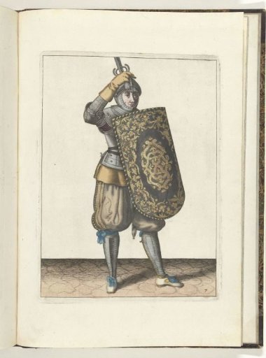 The exercise with the targe and rapier: how the soldier must close the visor of his helmet with the targe and the drawn rapier in hand (no. 7), 1618